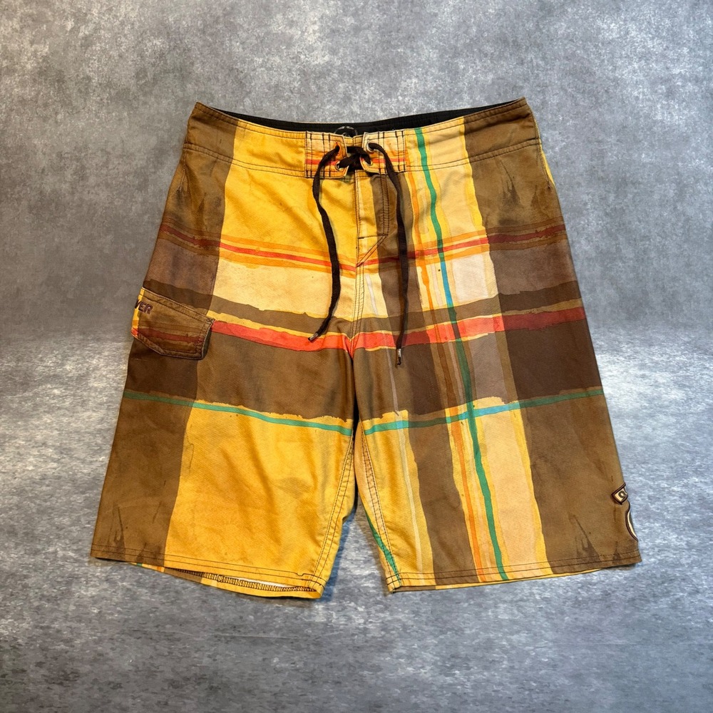 Y2K Quiksilver Cypher Series Board Shorts Mens 32 Yellow Brown Plaid Swim Trunks